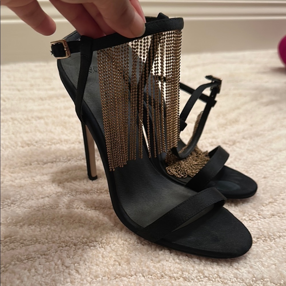 Elegant Black and Gold Chain Stiletto Sandals